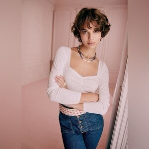 Sezane Mara Pointelle white long sleeve t-shirt top size Medium